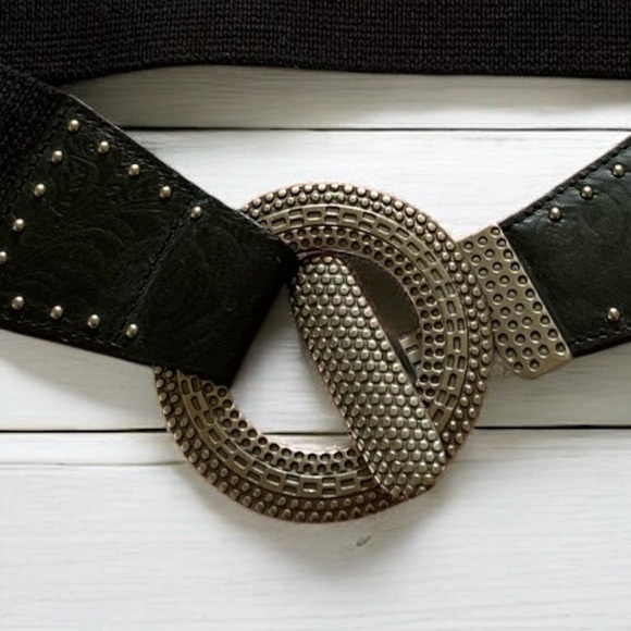 Black Belt Genuine Leather And Linen Stretch Silver Accents Women’s Size M/L - Picture 4 of 15